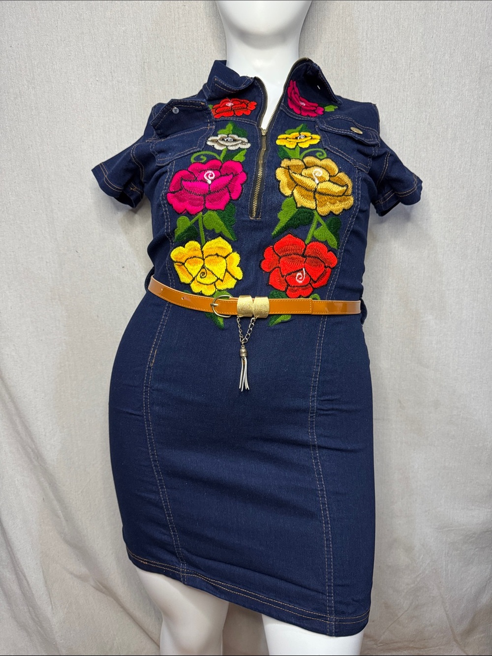 Embroidered Navy Denim Sheath Dress with Floral embroidery large